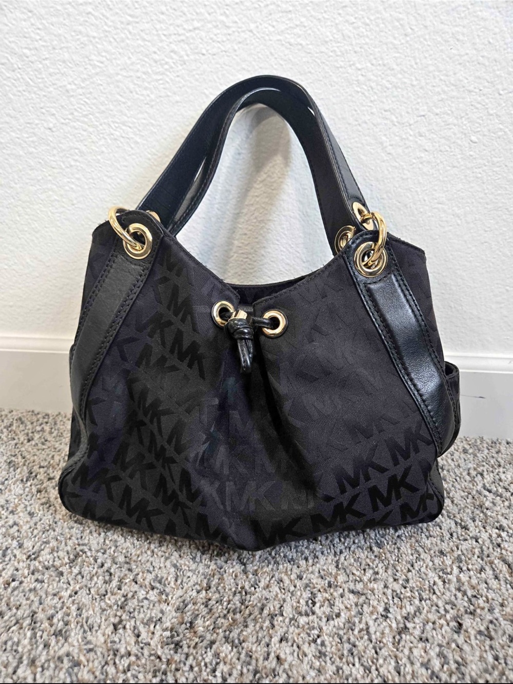 Michael Kors Black Logo Drawstring Shoulder Bag with Gold Hardware